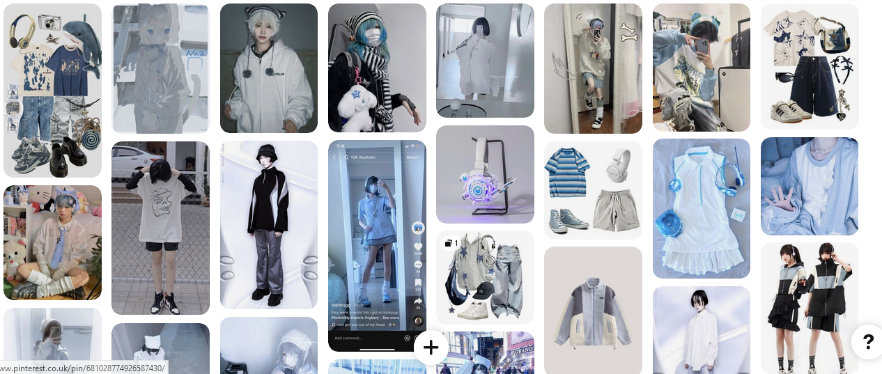 screenshot of a pinterest board themed around white/blue/cyber y2k clothing and aesthetics
